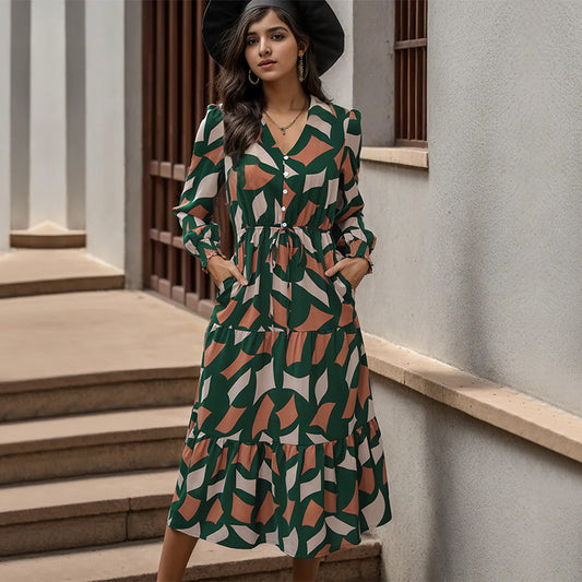 New Temperament V-Neck Ruffled Dress To Button-Up Long Skirt Geometric Pattern Matching Female Skirt