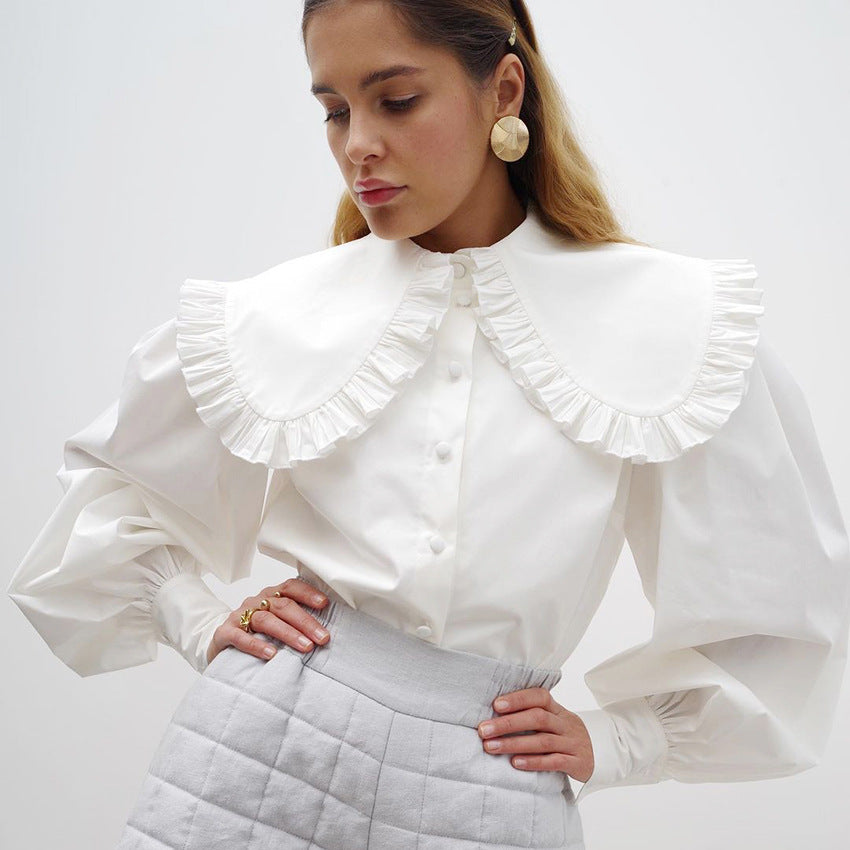 Temperament Court Style Doll Collar White Cotton Shirt Female Autumn And Winter Long Sleeve Shirt With Auric Edge