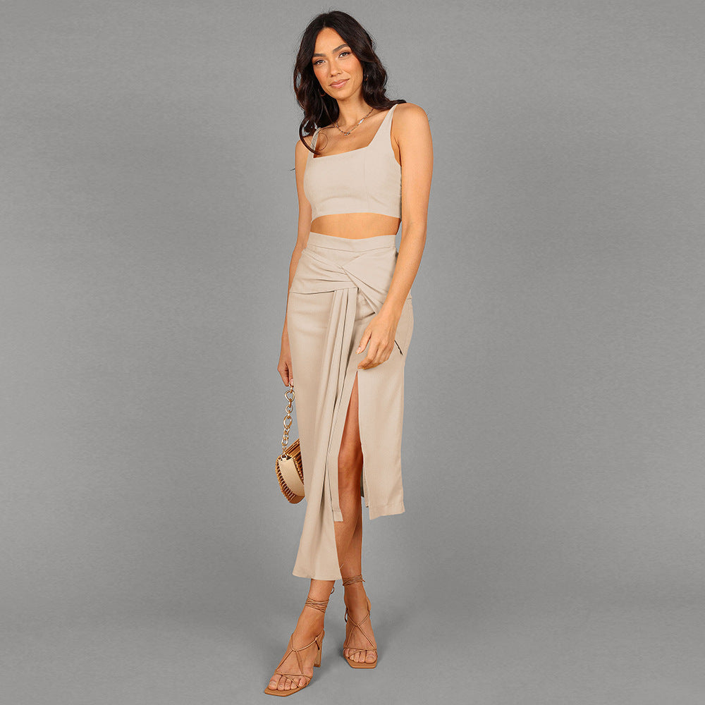 Elegant Two-Piece Solid Color Halter Top Sexy Split Skirt Fashion Suit For Women