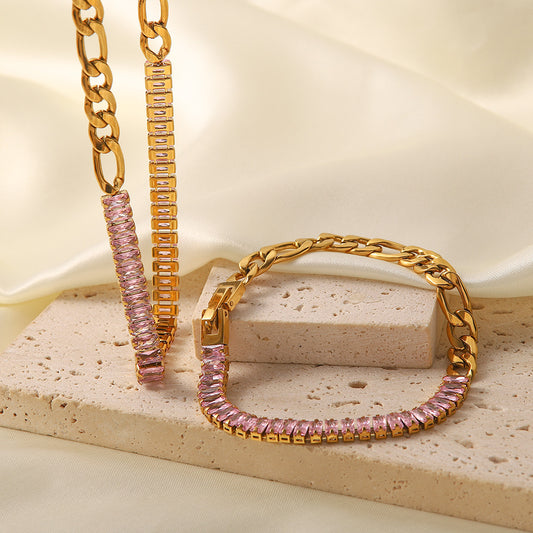 5pcs High-Grade Sense Of Light Luxury Temperament Female Fashion Colorful Zircon Inset Titanium Steel Fast Fading Necklace Bracelet