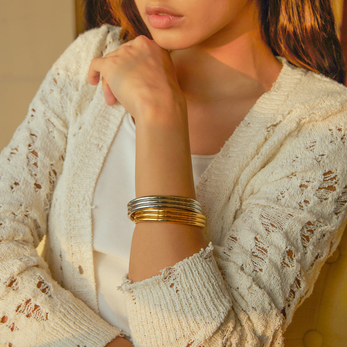 5pcs Light Luxury Titanium Steel 18K Gold Three-Layer Ribbed Open Bracelet Fashion Accessories