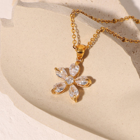 5pcs New Flower Necklace 18K Gold Plated Stainless Steel 16Mm White Zircon Five-Petal Flower Pendant Necklace For Women