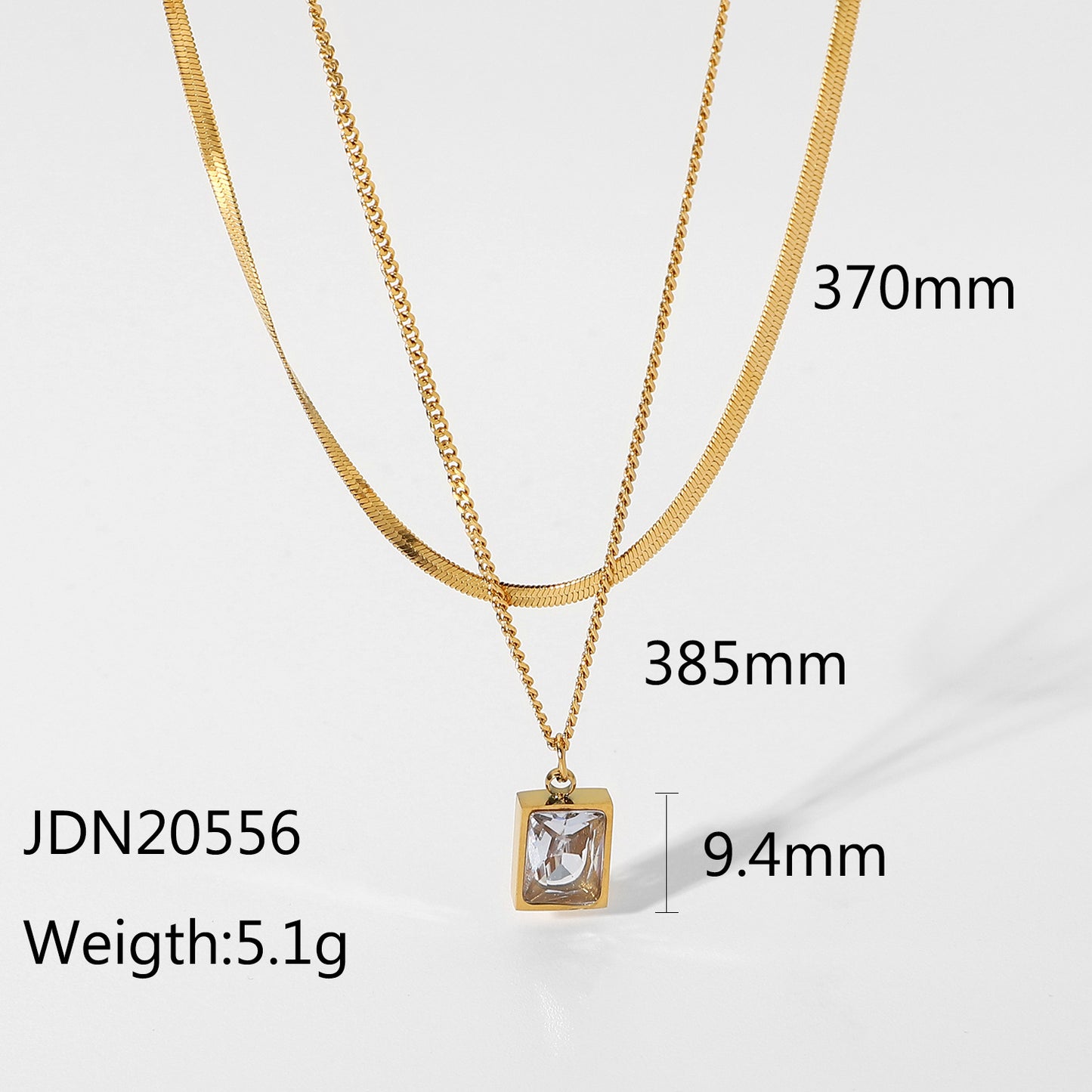 5pcs Women's Stainless Steel Jewelry Double 18K Gold Snake Chain Necklace Mini Exquisite Square Diamond Crystal Pendant Necklace