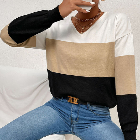 Autumn Winter Loose Casual V-Neck Top Color Long-Sleeved Sweater Women