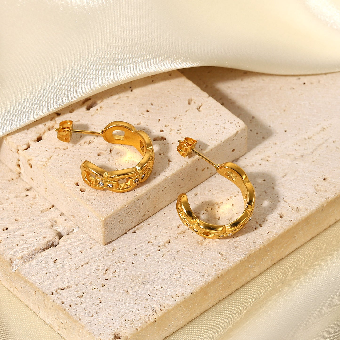 5pcs Earrings 18K Gold Plated Zircon Chain C Ring Stainless Steel Earrings Women's Earrings Jewelry