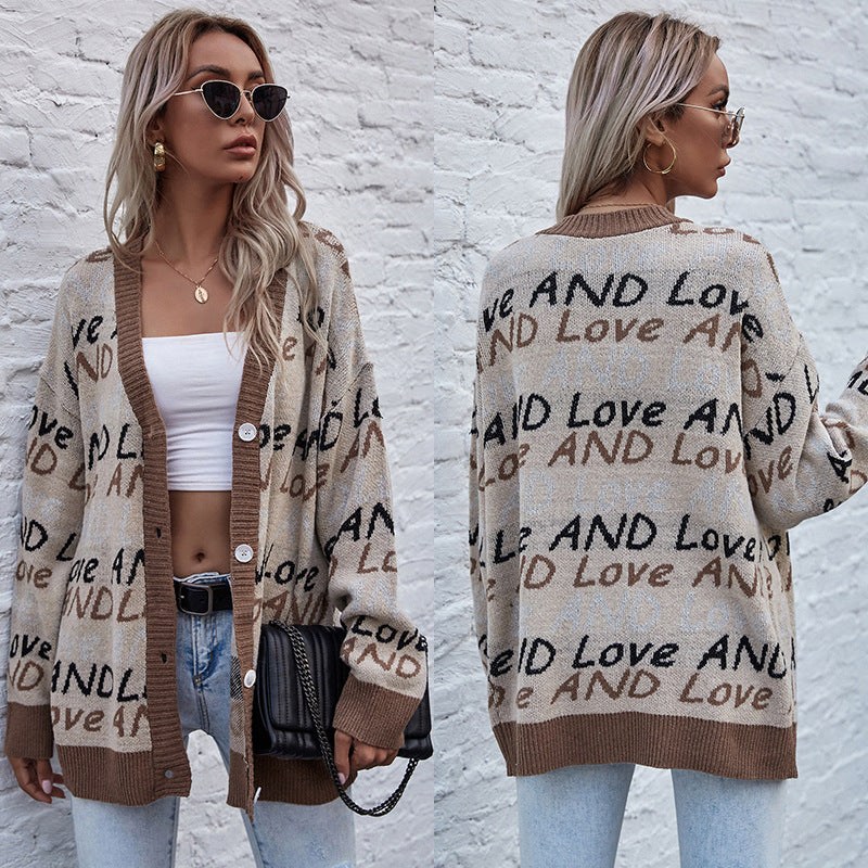 Autumn Street Style: Long-Sleeved Letter-Knit Sweater Coat for women