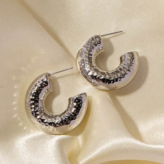 5pcs Geometric Premium Touch Steel Color Stainless Steel Chubby C-Shaped Hammer Design Earrings Jewelry Women