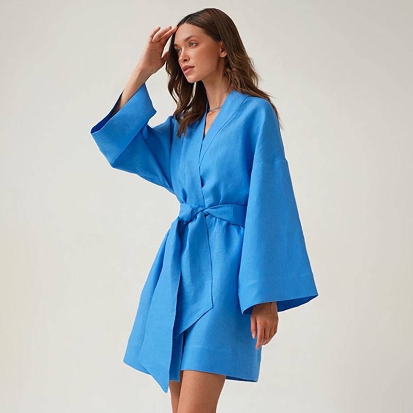 Autumn New Temperament Leisure Commute Wrapped Loose Cotton Hemp Belt High-Waisted Long-Sleeved Dress Women