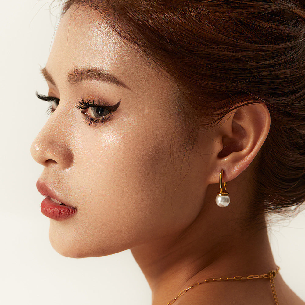 5pcs New Fashion Women All Titanium Steel Earrings 18K Gold Plated Stainless Steel U-Shaped Beaded Earrings Jewelry Women