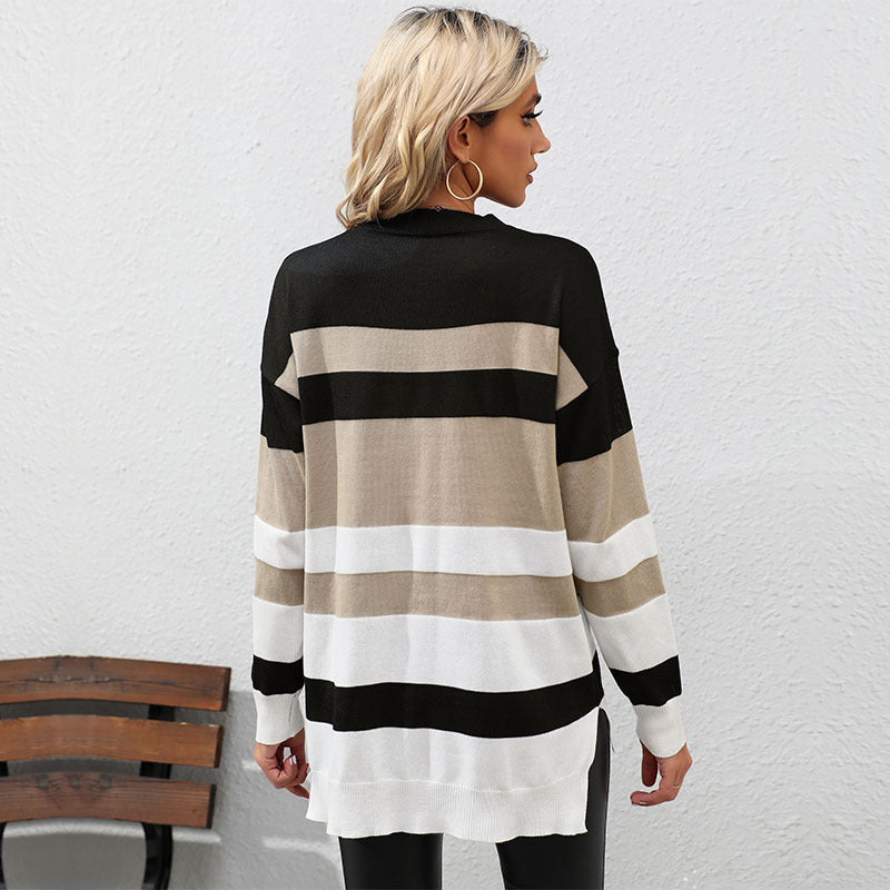 Striped Elegance for Autumn & Winter: Women's Long-Sleeved Fashion Sweater