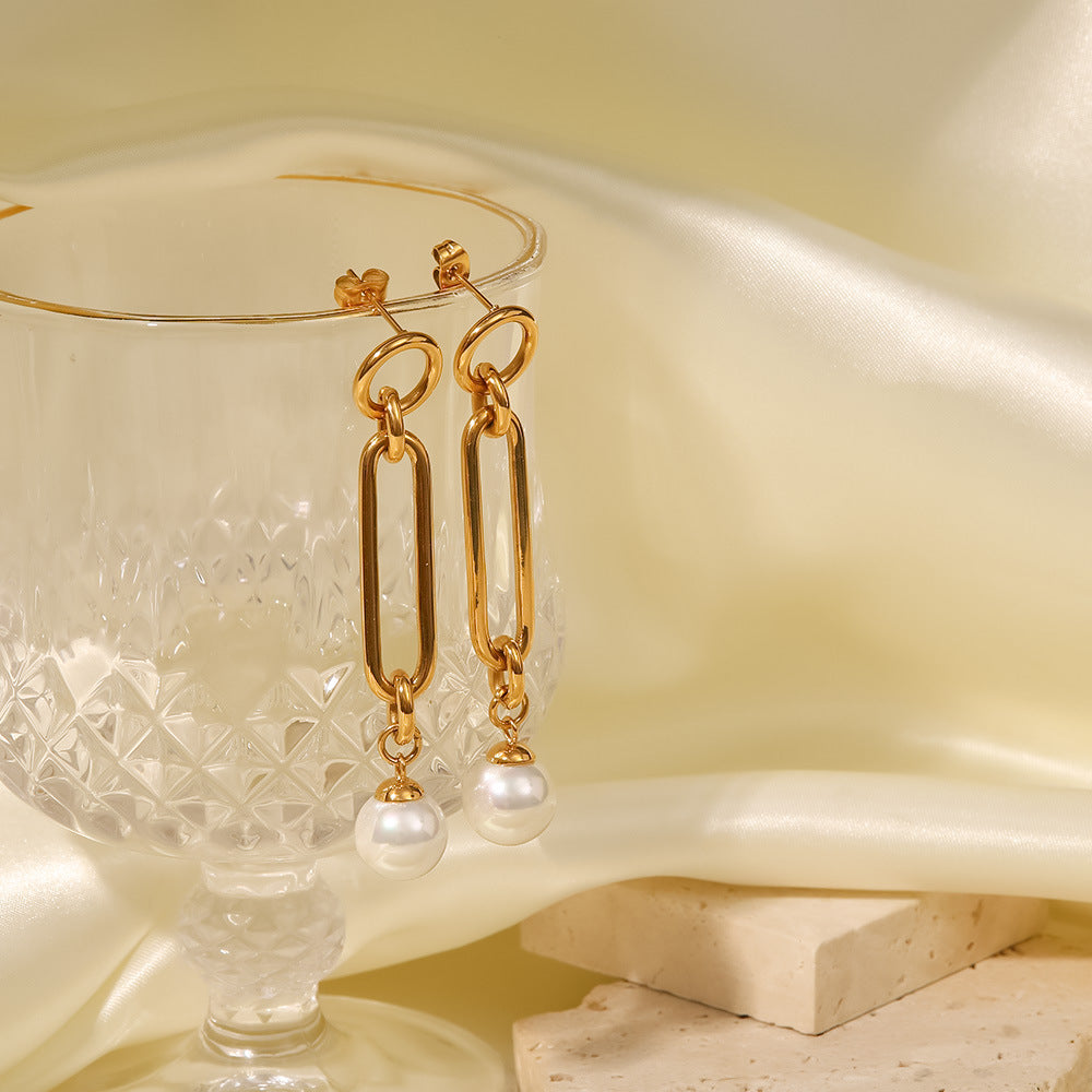 5pcs Titanium Steel Earrings Women's Fashion All-Match 18K Gold Plated Stainless Steel Exquisite Chain Pearl Pendant Earrings