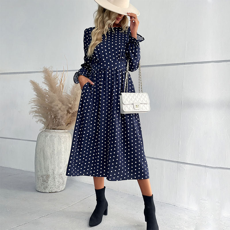 Fashion Women's Autumn And Winter New Long-Sleeved Blue Dot Mid-Length Dress