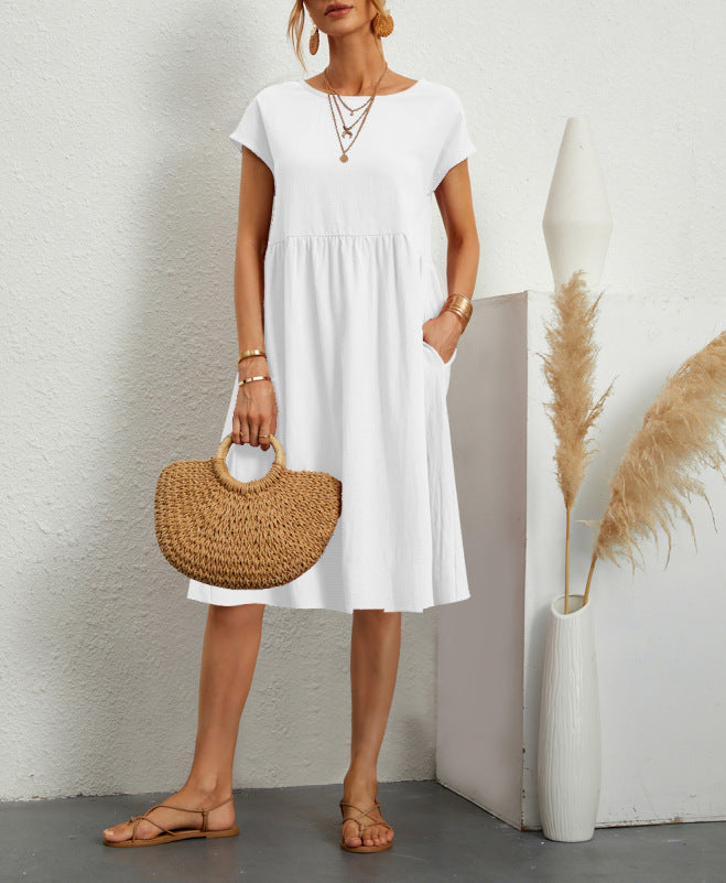 Fashion Ol Quality Women's Solid Color Cotton Linen Round Neck Set A-Line Skirt Dress