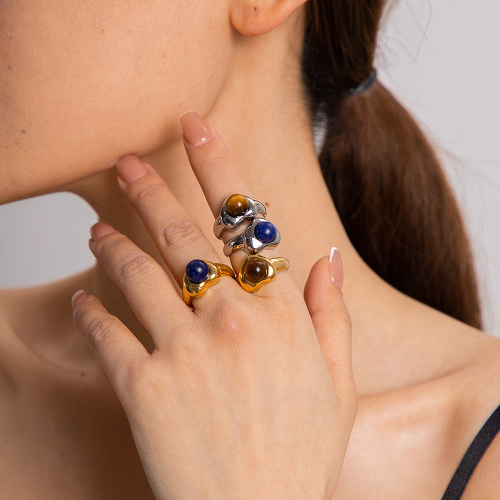 5pcs New Fashion Gold-Plated Stainless Steel 18K Gold Stainless Steel Tiger Eye Stone Love Ring Fashion Jewelry
