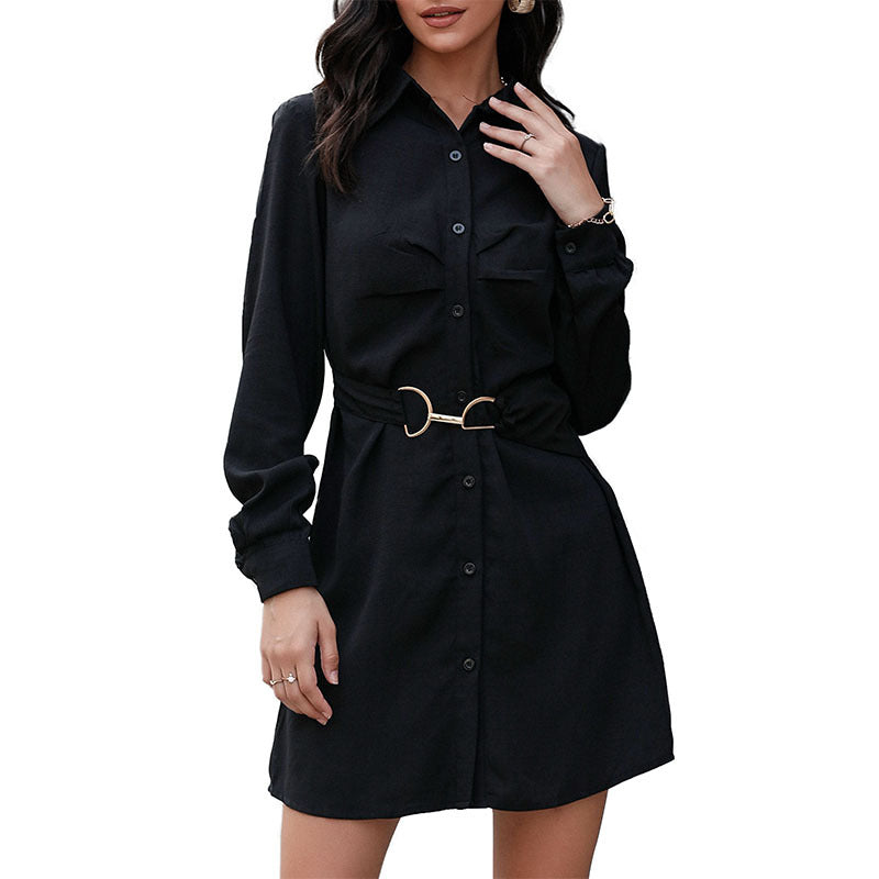 Retro Women's Dress Solid Color Lapel Black Shirt Dress