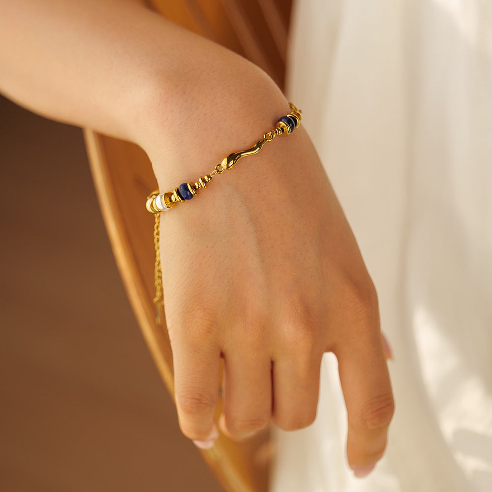 5pcs New 18K Stainless Steel Pearl Set With Lapis Lazuli Drop Bracelet Accessories