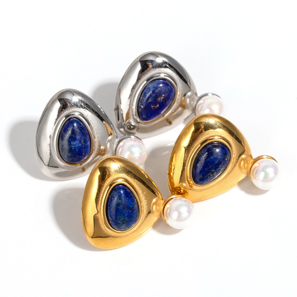 5pcs New 18K Gold Plated Triangle Set Lapis Stone Shell Pearl Stud Earrings Premium Earrings