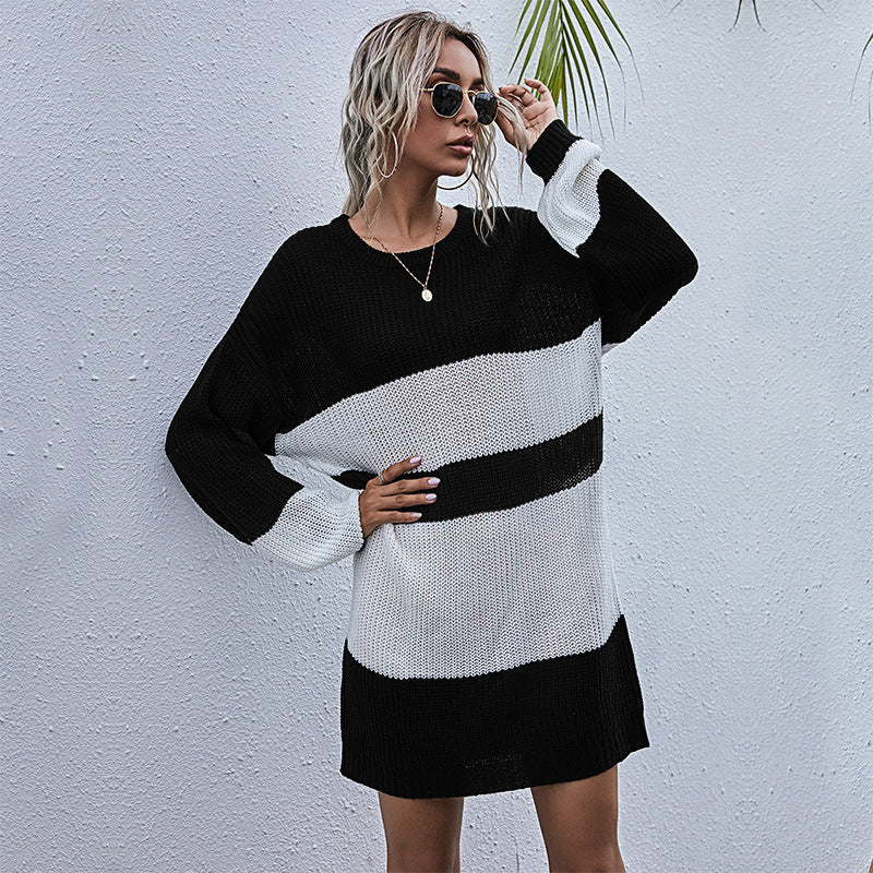 Autumn Vintage Knitted Long Match Color Sen Tie Round Neck Sweater Dress Woman