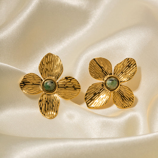 5pcs Palace 18-Karat Gold Radial Set With Natural African Turquoise Four-Petal Flower Earrings Design Sense Earrings