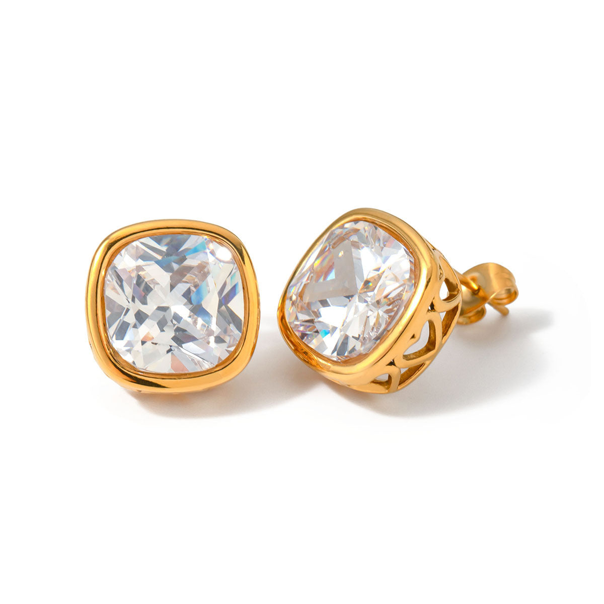 5pcs Fashion 18K Gold Stainless Steel Zircon Square Hollow Inlaid Zircon Earrings Pendant Necklace Jewelry