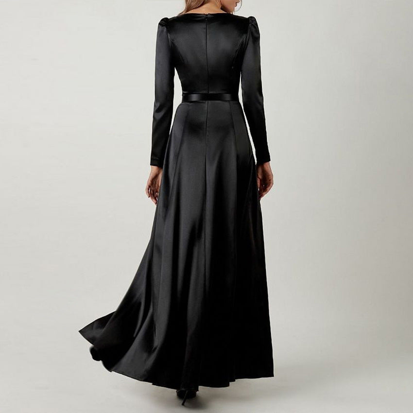 Spring Fashion Sexy Temperament Sense Color Satin Satin Square Collar Puffed Sleeve Black Slit Waist Dress Female