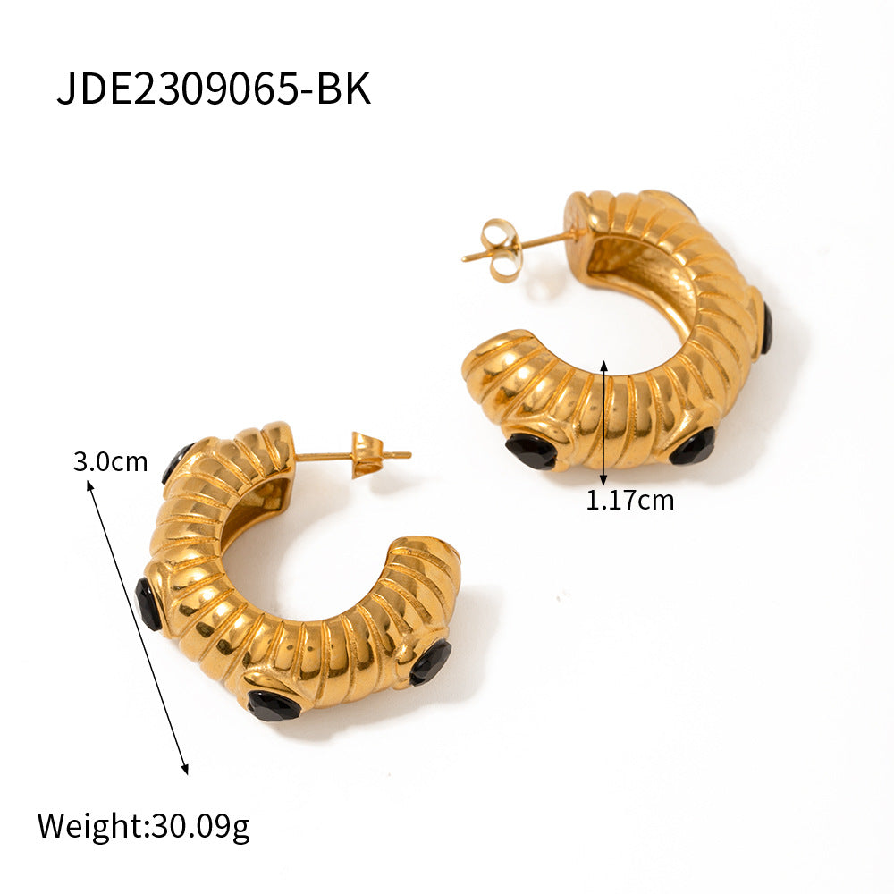 5pcs 8K Gold Stainless Steel Zircon Inlaid Black Zircon Bread C-Shaped Earrings Temperament Earrings For Women