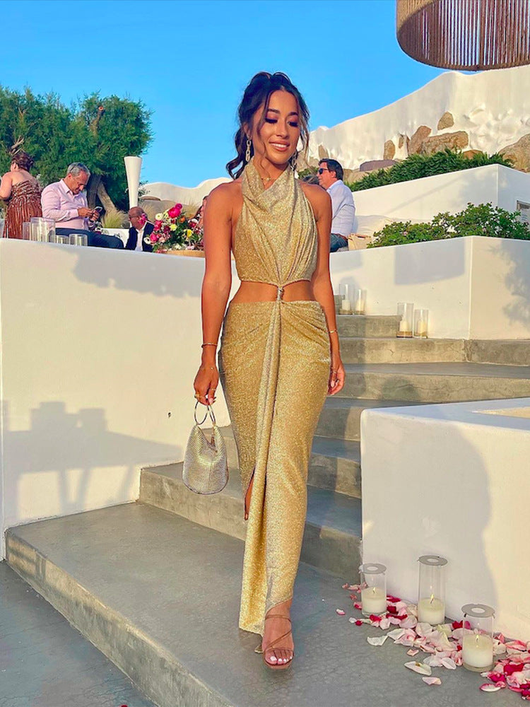 Women's Sexy Halter Hanging Neck Split Dress Long Hot Selling Elegant Temperament Package Hip Skirt Women