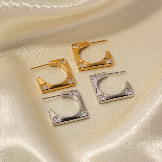 5pcs Stylish 18K Gold-Plated Stainless Steel Square Zircon Inlaid Earrings Light Luxury Niche Design Earrings