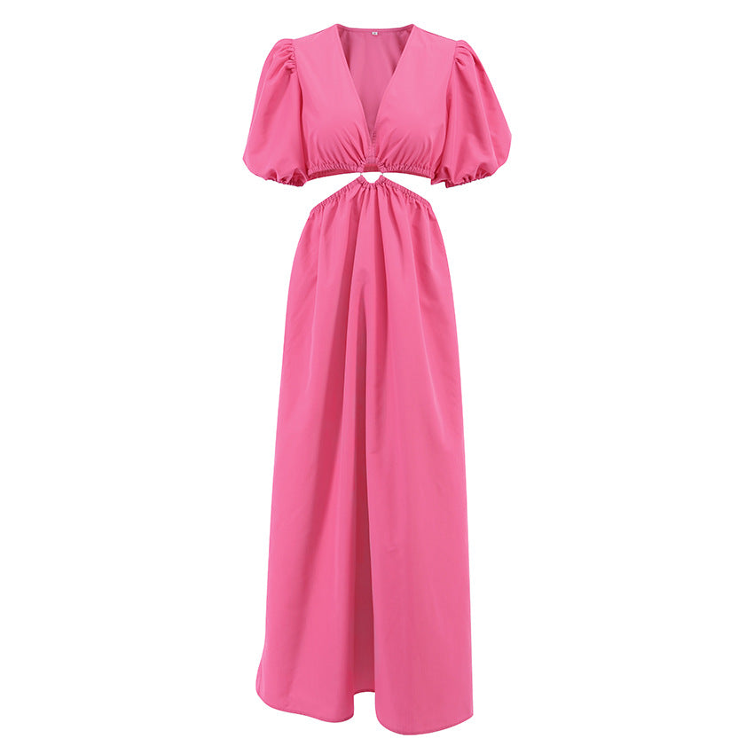 Holiday Dress Midi Spring And Summer New Bubble Sleeve Hollow Design Sense Of Commuter Casual Woman