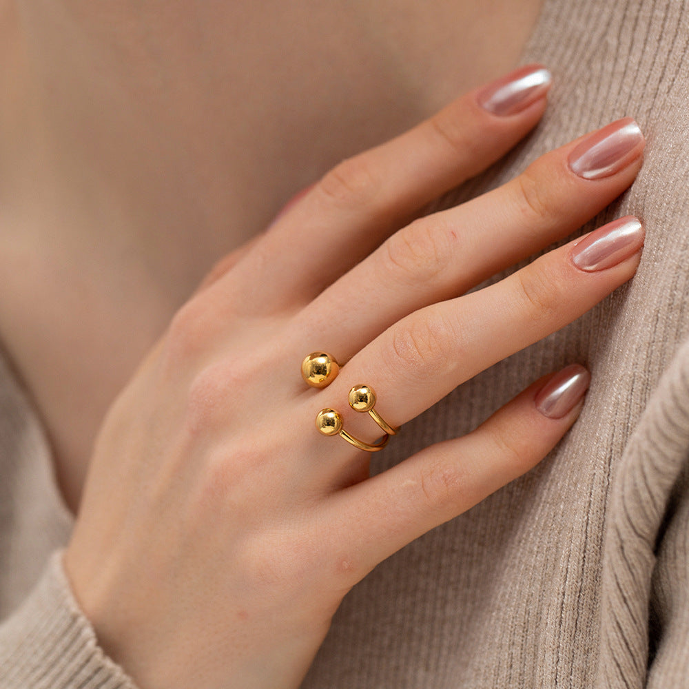 5pcs Ring 18K Gold Three-Ball Gold Open Ring High-Grade Sense Titanium Steel Hand Jewelry