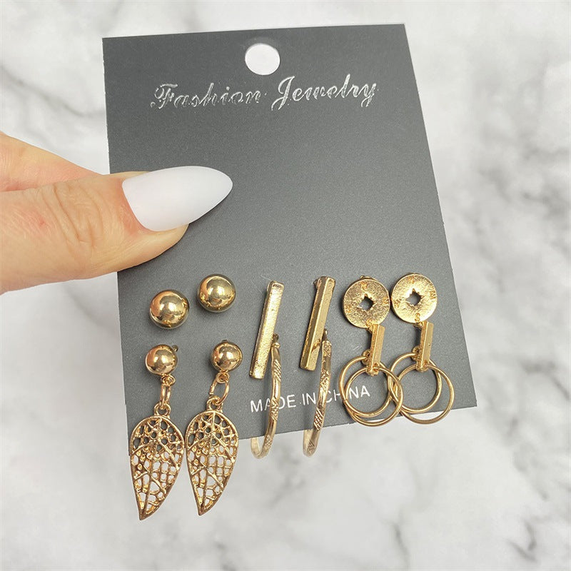 5 Sets New Retro Style Geometric Earrings 6 pairs Set Female Niche High-Grade Metal Stud Jewelry Set