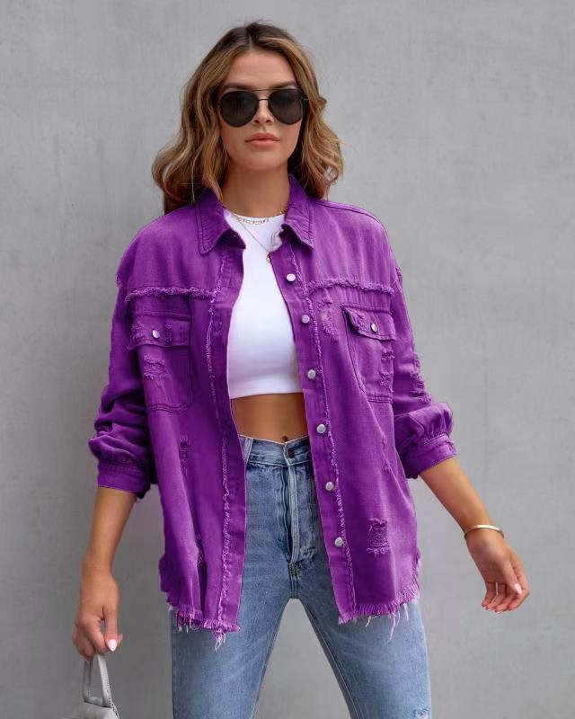 New Wind Long Rough Edge Hole Denim Coat Female Autumn And Winter Long Sleeve Casual Lapel Top