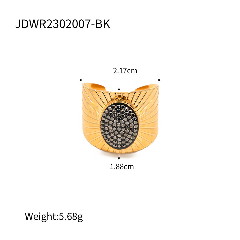 5pcs 18K Gold Radial Black Diamond Exaggerated Stainless Steel Ring Women's All-Match Titanium Steel Jewelry