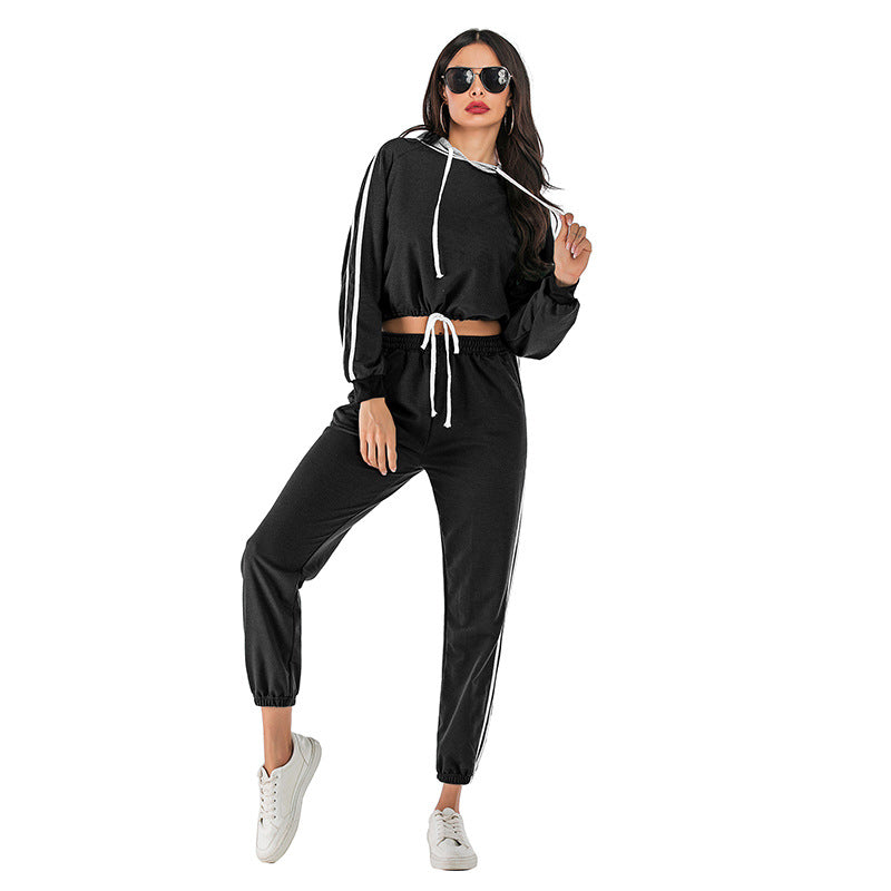 New Casual Sports Suit Women Hooded Loose Short Hoodie Pant Two-Piece Set