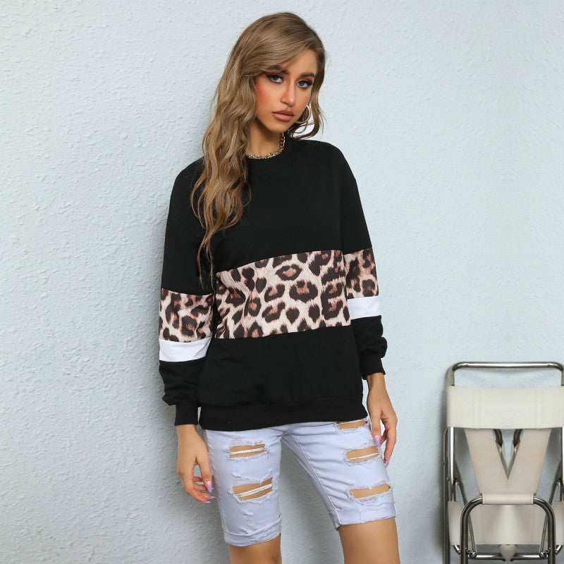 Casual Mid-Length Leopard Print Long-Sleeve Hoodie for Women
