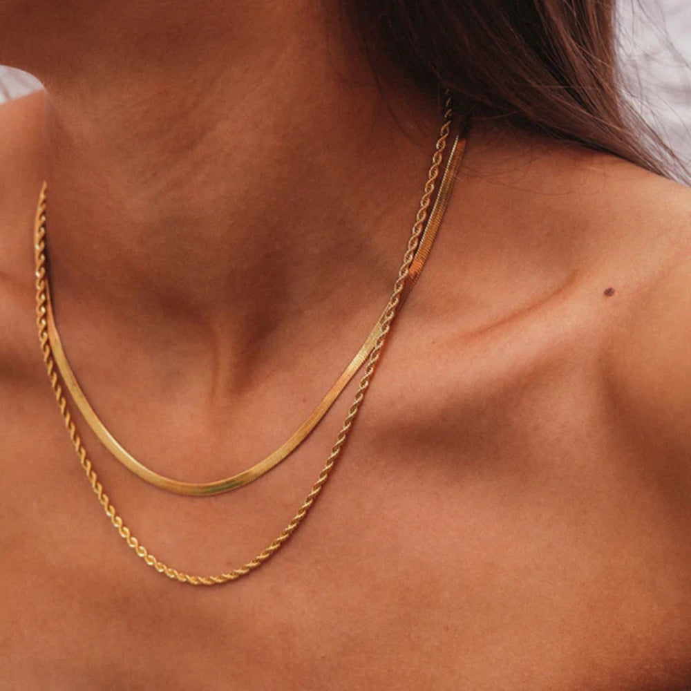 5pcs Style Classic Simple Necklace Jewelry 18K Gold Plated Sheet Chain Flat Snake Chain Twist Chain Double Necklace Collar Female