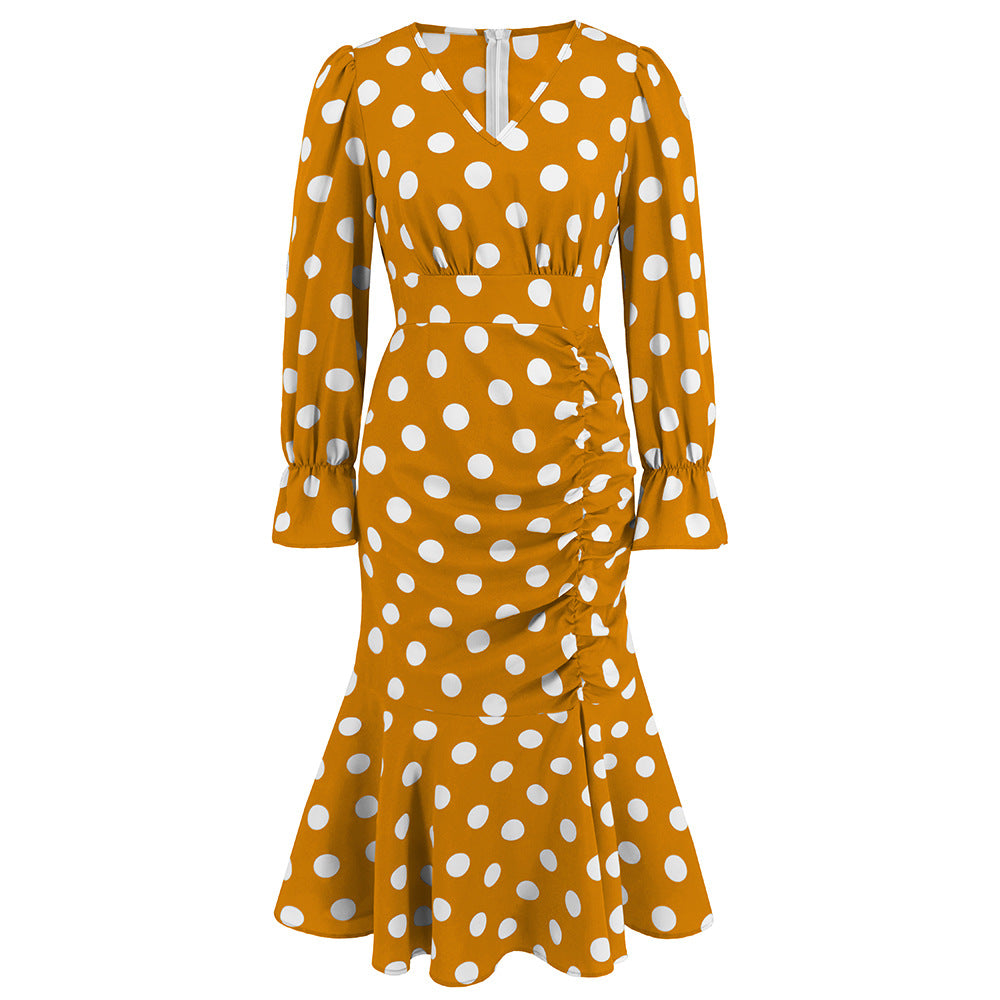 Sexy Polka Dot V-Neck Long-Sleeved Dress Pleated Fishtail Skirt Slim Temperament Long Skirt Women Plus Size