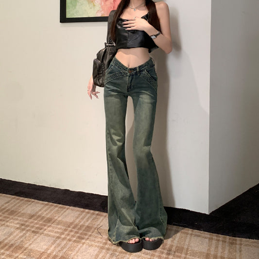 Retro Low-Rise V-Stretch Micro-Cut Jeans Girl Hottie High-Waisted Mop Jeans