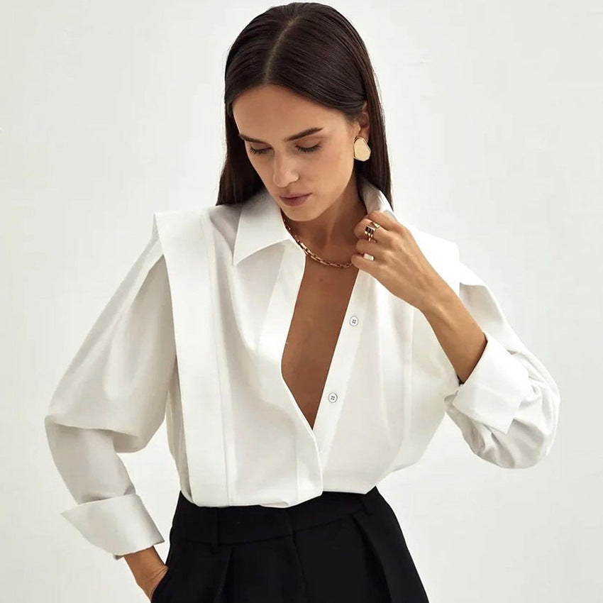 Autumn New Right Shoulder White Shirt Women's Commuter Temperament Design Sense Small Long-Sleeved Shirt Blouse