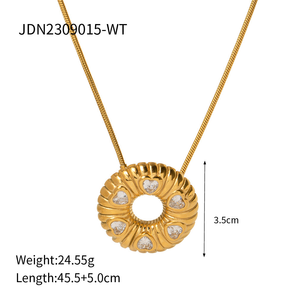 5pcs 18K Gold Stainless Steel Inlaid Black Zircon Bread O-Shaped Pendant Necklace Women's Collarbone Choker