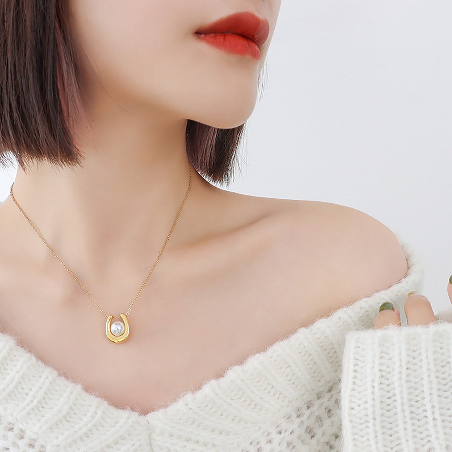 5pcs New 18K Gold Plated Chain Ring Pearl Pendant Necklace Stainless Steel U-Shaped Pearl Round Pearl Necklace For Women