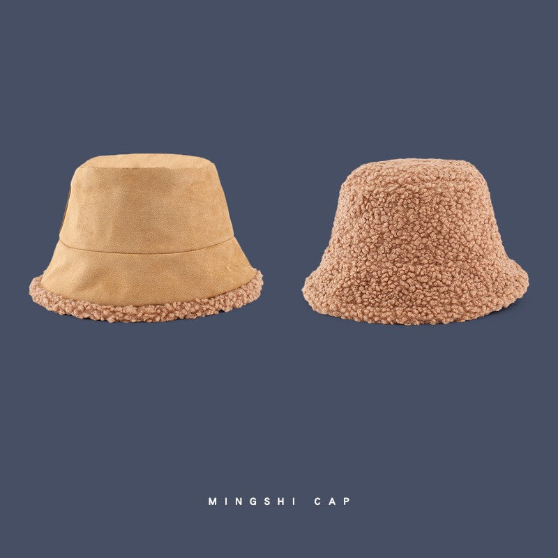 Double-Sided Hat Women's Japanese Lamb Hair Fisherman Hat Winter With Fluffy Deerskin Basin Hat Bucket Hat