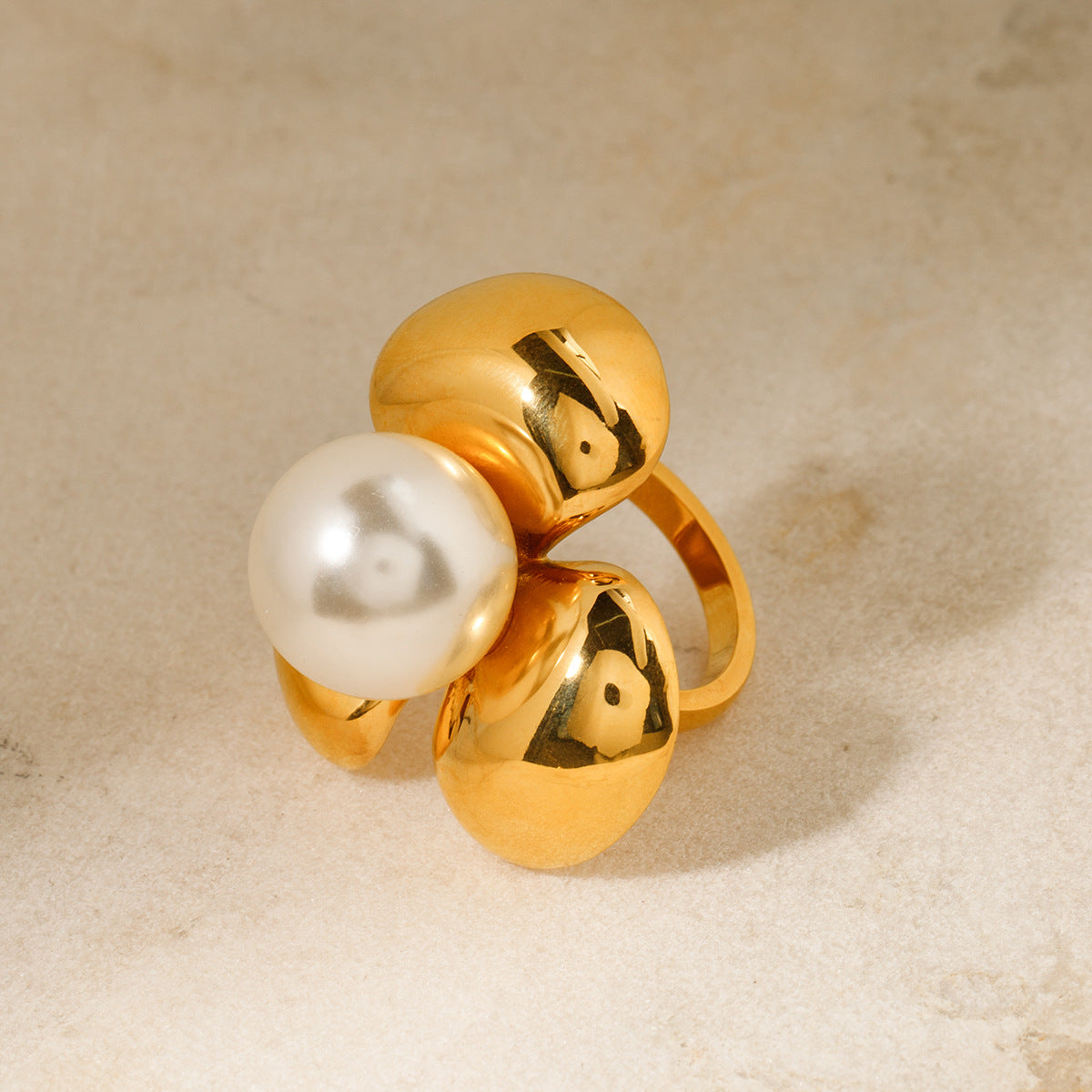 5pcs 18K Gold Stainless Steel Three Petal Flower Set Ring No. 7 Sculpture Flower