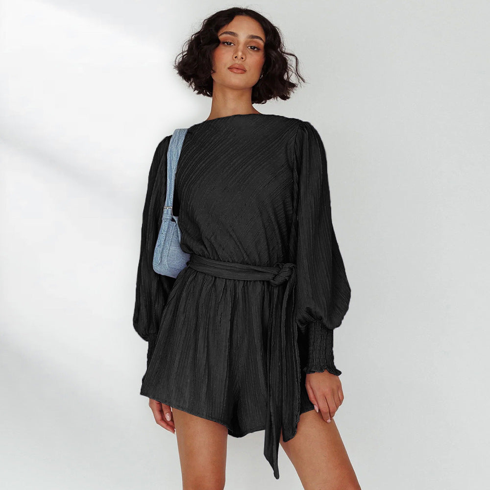 Women's Lace-Up Romper Autumn Lantern Sleeve Sexy Halter Long Sleeve Top Casual Wide Leg Pants