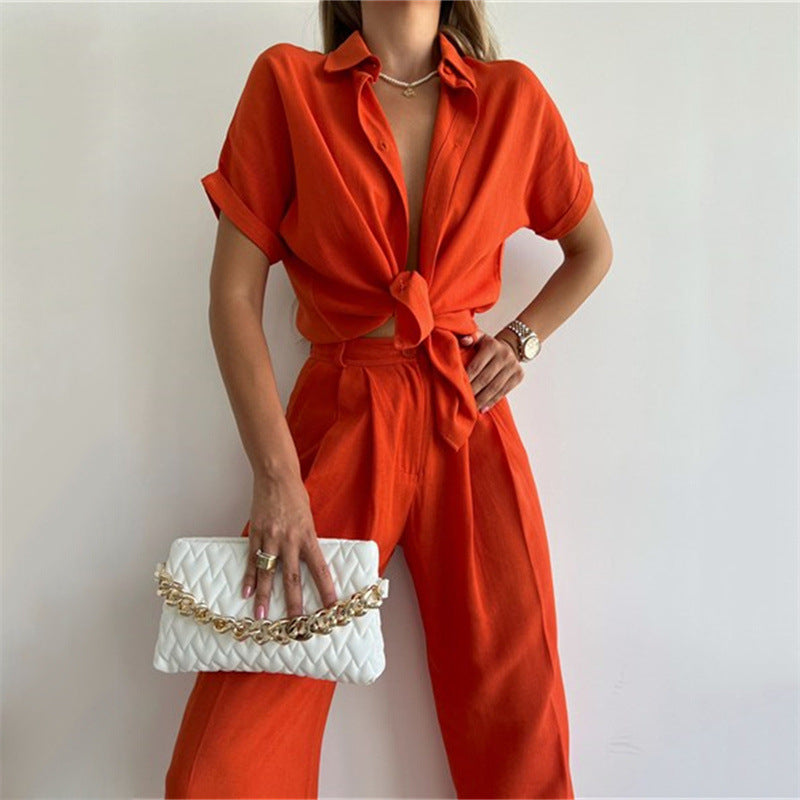Wide-Leg Pants Suit New Spring And Summer Loose Sleeved Shirt Blouse Casual Pants Two-Piece Women's Wear