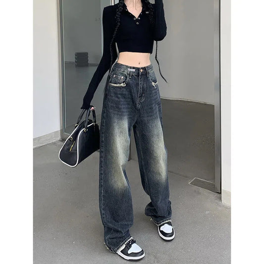 Retro Straight Leg Jeans Women's High Street High Waist Loose Slouchy Thin Mop Wide Leg Pants