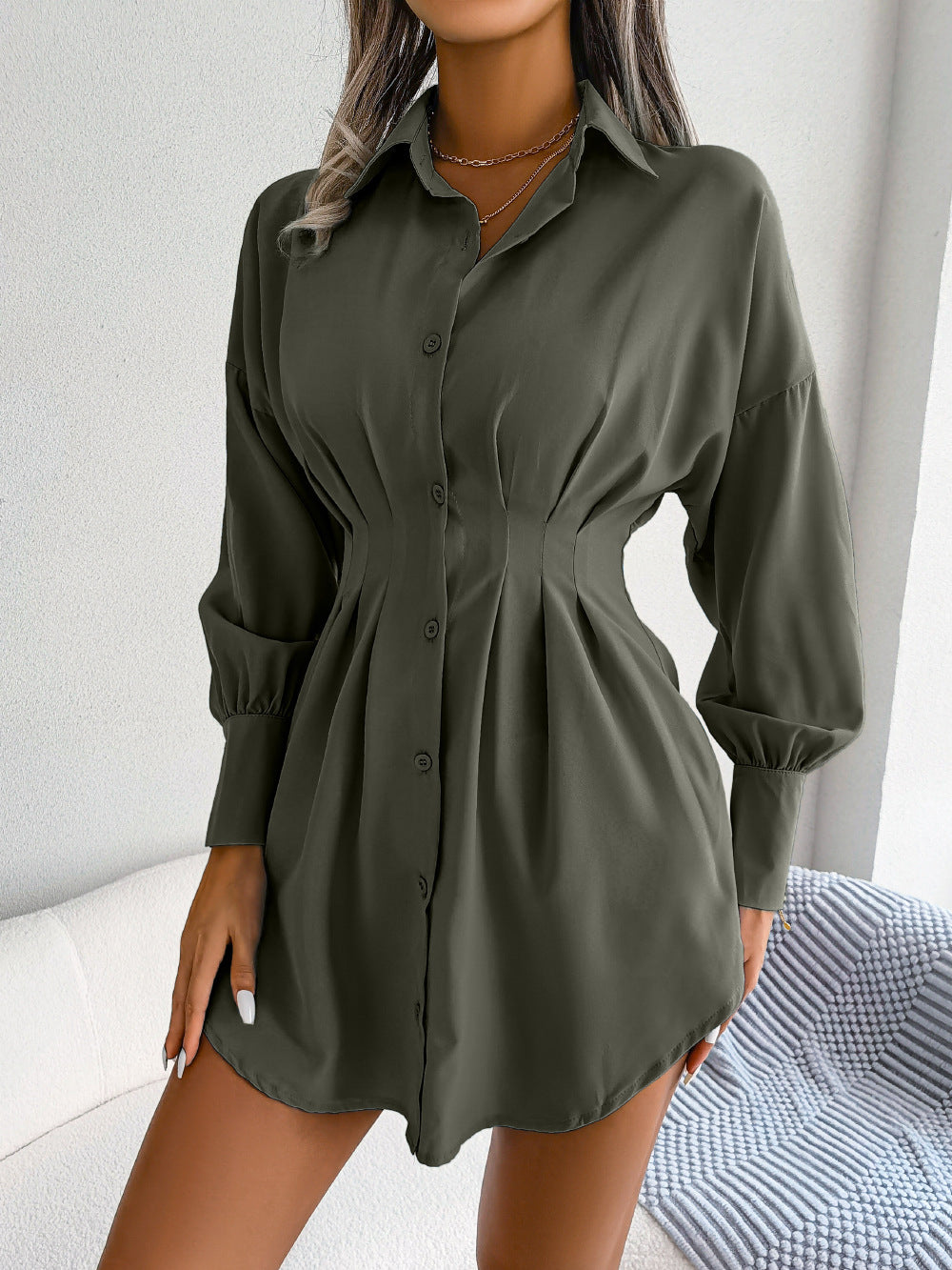 Wind Autumn Winter Casual Lantern Sleeve Tucked Waist Asymmetrical Dress Shirt Dress Women's Dress