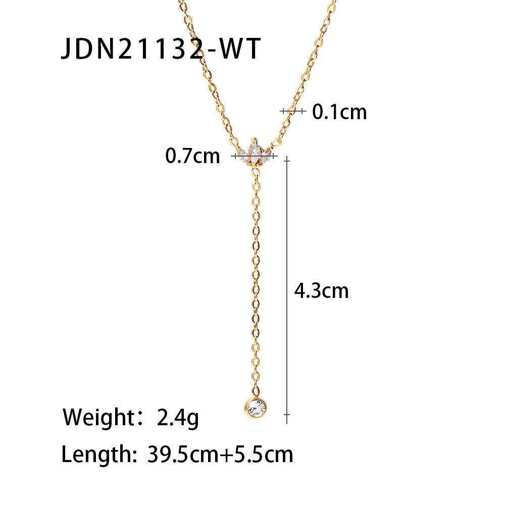 5pcs Fine Women's Fashion All-Match Titanium Steel Necklace 18K Gold Single Crown White Zircon Pendant Necklace