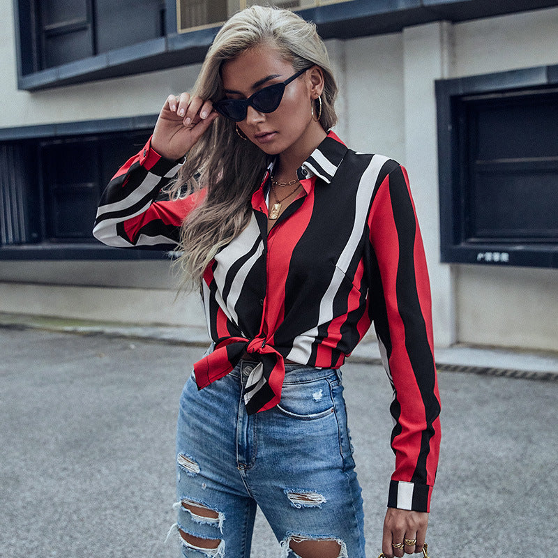 Early Autumn Fashion Women's Long-Sleeved Lapel Striped Shirt