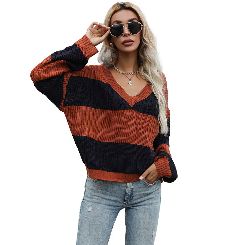 Fashion Women's Autumn Long Sleeve Color Matching Loose V-Neck Sweater To Wear
